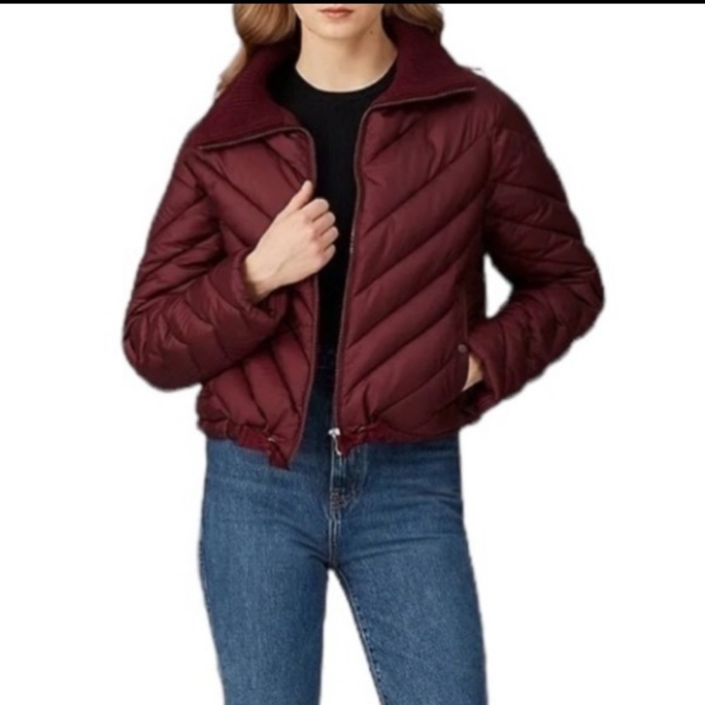 Saks OFF 5TH Sipos Crop Puffer Jacket. Ribbed Mock Neck. Burgundy Size Lg #894